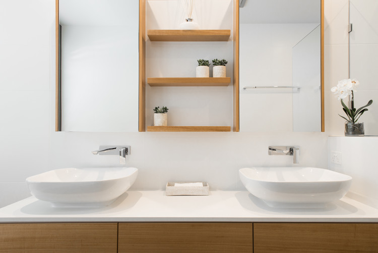 Timber Veneer Joinery|Above counter basin|Wall mounted tap wear|Concealed cabinetry|Open shelving