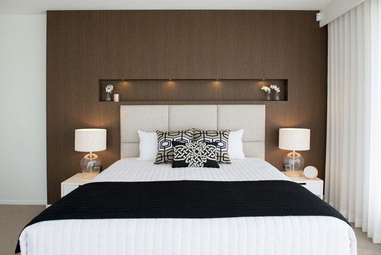 Wall Niche|Timber Veneer Look wallpaper|Concealed curtain pelmet|Wall mounted custom-made bedside tables