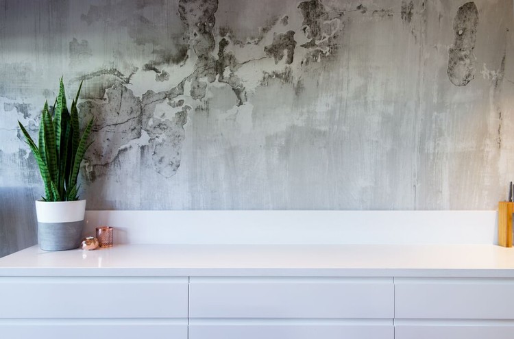 Concrete wallpaper|Handless drawers|Caesar stone bench tops