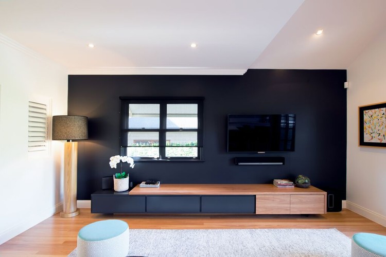 Custom Designed Contemporary entertainment unit|Dulux Domino feature wall|Custom lampshade by MRD